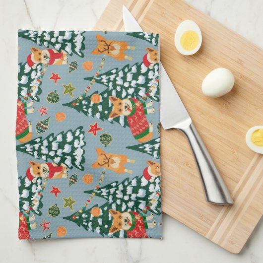 Corgis versiert de kerstboom in het bos theedoek (Quarter Fold)