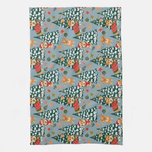 Corgis versiert de kerstboom in het bos theedoek (Verticaal)