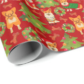 Corgis versiert de kerstboom - rood patroon cadeaupapier (Rol Hoek)