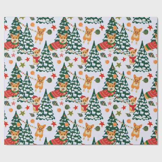 Corgis versiert de kerstboom - White Pattern Cadeaupapier (Vlak)