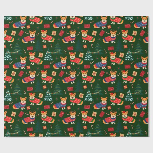 Corgi's vieren kerst - groen patroon cadeaupapier (Vlak)
