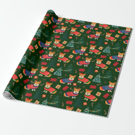 Corgi's vieren kerst - groen patroon cadeaupapier
