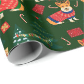 Corgi's vieren kerst - groen patroon cadeaupapier (Rol Hoek)