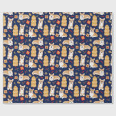 Corgis viert kerst - blauw patroon cadeaupapier (Vlak)