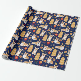 Corgis viert kerst - blauw patroon cadeaupapier