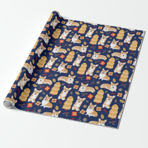 Corgis viert kerst - blauw patroon cadeaupapier