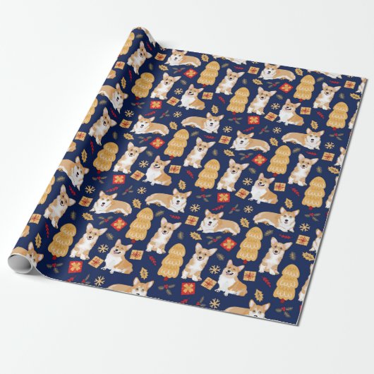Corgis viert kerst - blauw patroon cadeaupapier (Uitgerold)