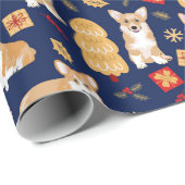 Corgis viert kerst - blauw patroon cadeaupapier (Rol Hoek)