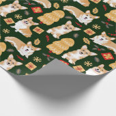 Corgis viert kerst - groen patroon cadeaupapier (Hoek)