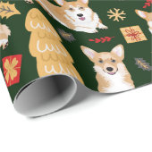 Corgis viert kerst - groen patroon cadeaupapier (Rol Hoek)