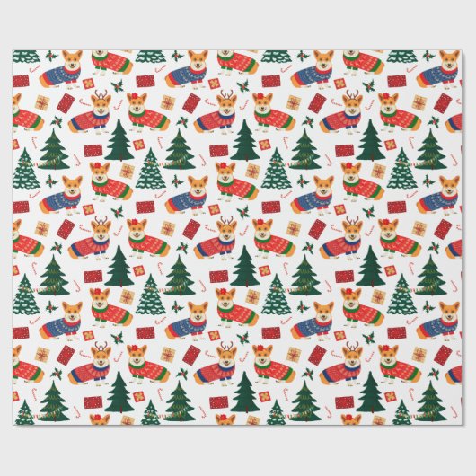 Corgis viert kerstmis - wit patroon cadeaupapier (Vlak)