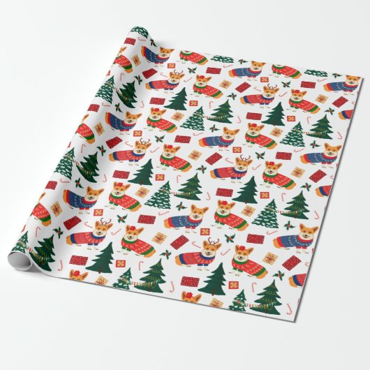 Corgis viert kerstmis - wit patroon cadeaupapier (Uitgerold)