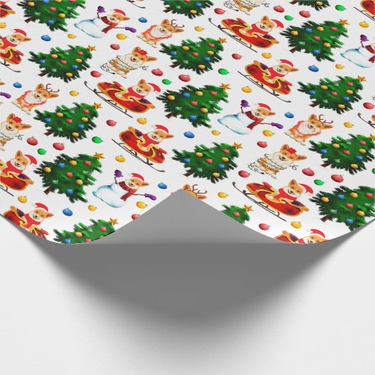Corgis viert kerstmis - wit patroon cadeaupapier (Hoek)