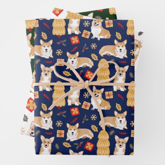Corgis viert kerstpatroon 3 kleuren inpakpapier vel (In situ)