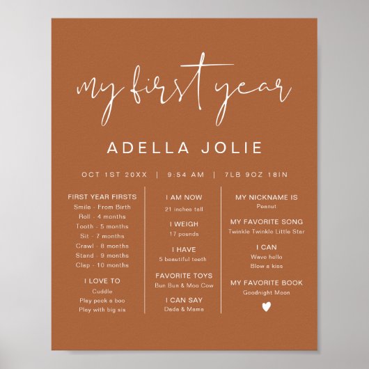 CORIANDER Boho Terracotta Eerste Jaar Mijlpaal Poster (Voorkant)