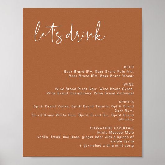 CORIANDER Terracotta Let's Drink Bar Menu Sign Poster (Voorkant)