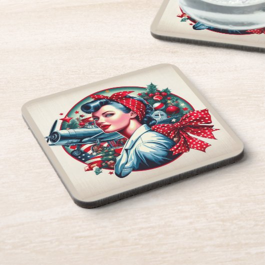 Cork Backed Onderzetter - Rosie de Riveter Kerst (Linkerzijde)