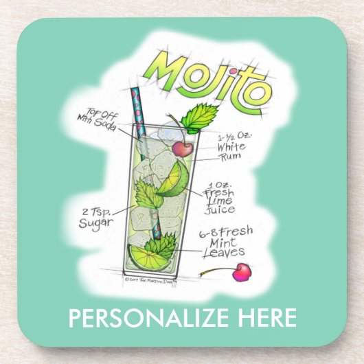 CORK ONDERZETTER SETS - MOJITO RECIPE COCKTAIL ART (Voorkant)