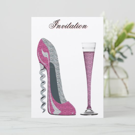 Corkschroef Roze Stiletto en Champagne Uitnodiging (Staand voorkant)