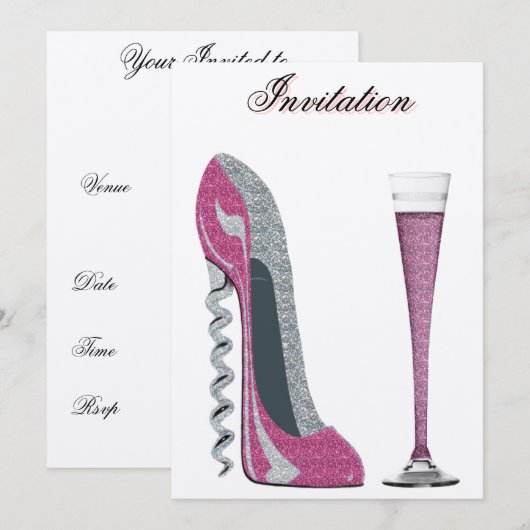 Corkschroef Roze Stiletto en Champagne Uitnodiging (Voorkant / Achterkant)