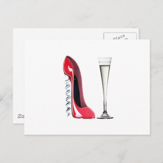 Corkschroef Stiletto Shoe en Champagne Flute Glass Briefkaart (Voorkant / Achterkant)