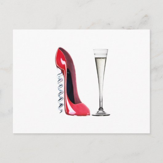 Corkschroef Stiletto Shoe en Champagne Flute Glass Briefkaart (Voorkant)