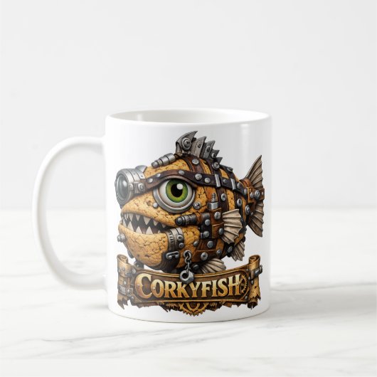 Corky fish koffiemok (Links)