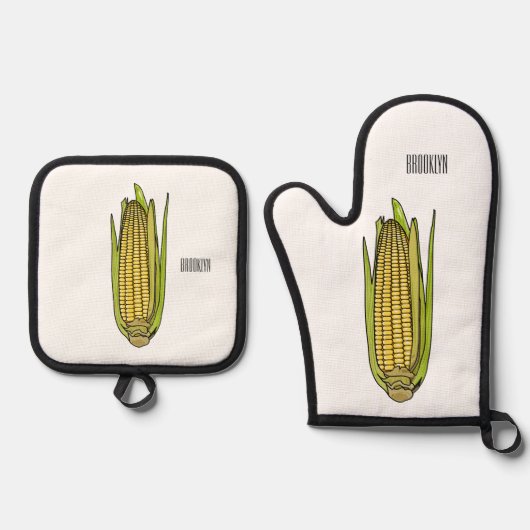Corn cartoon illustratie ovenwant & pannenlap set (Voorkant)