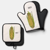 Corn cartoon illustratie ovenwant & pannenlap set (Voorkant / Achterkant)