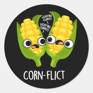 Corn-flict Funny Corn Pun Dark BG Ronde Sticker