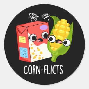 Corn-flict Funny Cornflake Corn Pun Dark BG Ronde Sticker
