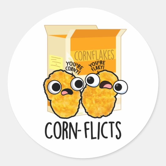 Corn-flicts Funny Corn Flakes Pun Ronde Sticker (Voorkant)