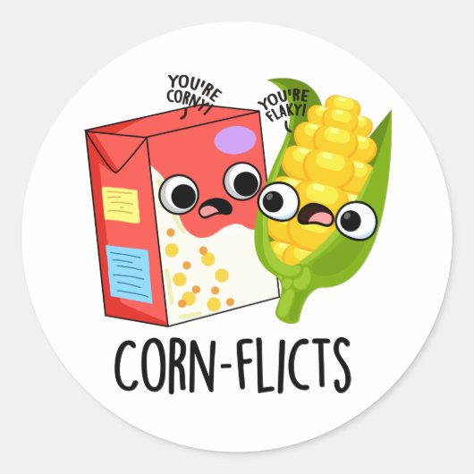 Corn-flicts Funny Cornflake Corn Pun Ronde Sticker (Voorkant)