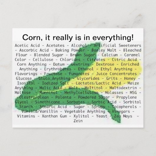 Corn zit in alles - maïsallergenlijst briefkaart (Voorkant)