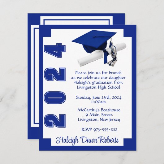 Corner Block Royal Blue & White Afstuderen Kaart (Voorkant / Achterkant)