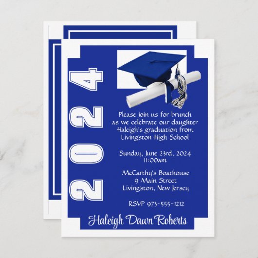 Corner Block Royal Blue & White Afstuderen Kaart (Voorkant / Achterkant)
