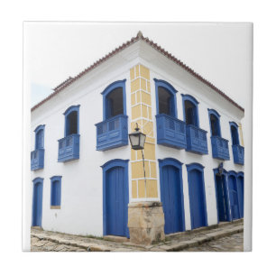 Corner Building Blue Trim, Paraty, Brazilië, Tile Tegeltje