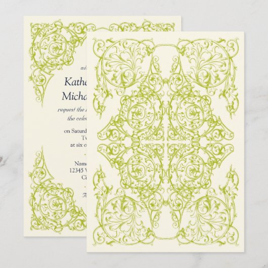 Corner Flourish Wedding Invitation (Chartreuse) Kaart (Voorkant / Achterkant)