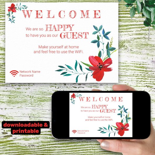 Corner Red Flowers Welcome Guest Wifi Password Poster