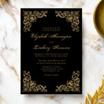 Corners Black Gold Wedding Invitation Kaart<br><div class="desc">Deze elegante moderne huwelijksuitnodiging is voorzien van een  goudkleurig acanthus leaf en fleur de lis design in vier hoeken op een zwarte achtergrond. De aanpasbare tekst combineert een goudkleurig script met serif- en cursieve lettertypen. De achterkant is stevig zwart.</div>