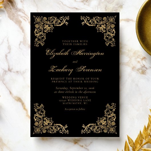  Corners Black Gold Wedding Invitation Kaart