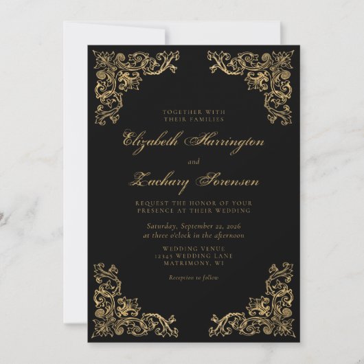  Corners Black Gold Wedding Invitation Kaart (Voorkant)