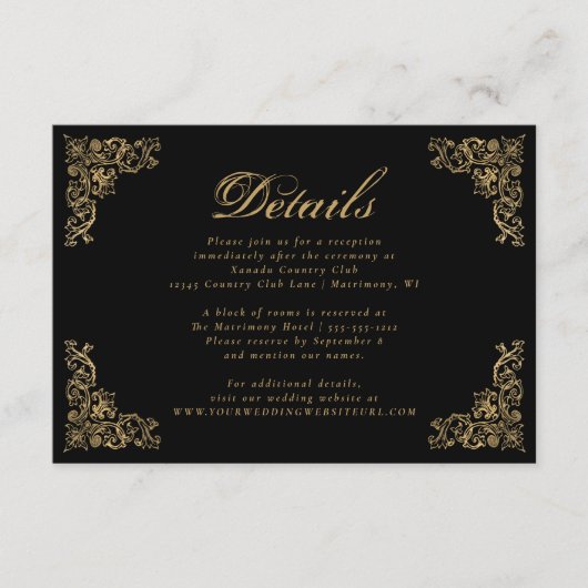  Corners Zwart Goud Bruiloft Details Informatiekaartje (Voorkant)