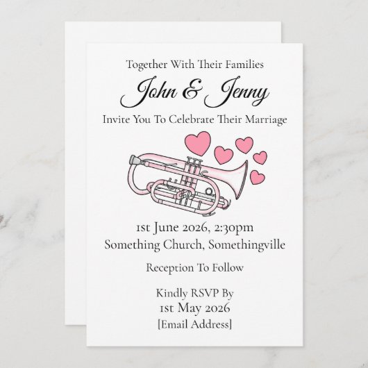 Cornet bruiloft uitnodiging messing muzikanten (Voorkant / Achterkant)