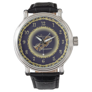 Cornet ~ Musical Scroll ~ Gold/Navy Blue ~ Horloge