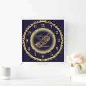Cornet ~ Musical Scroll ~ Gold/Navy Blue ~ Square Vierkante Klok (Huis)