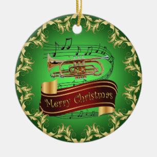 Cornet ~ Musical Scroll ~ Merry Kerst~ * ~ Keramisch Ornament