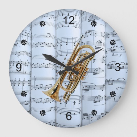 Cornet ~ Rollend blad Muziek ~ Blue Tint Backgroun Grote Klok (Voorkant)