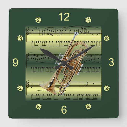 Cornet~Rolling Sheet Music~Gold/Green Background~ Vierkante Klok (Voorkant)