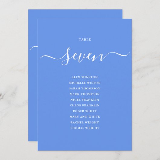 Cornflower Blauw Elegant Tafel Nummer Zitting Graf Kaart (Voorkant / Achterkant)